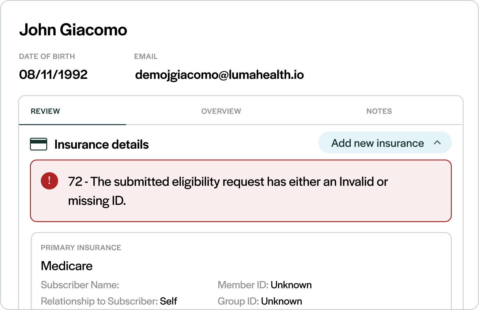Luma shows each patient's eligibility status, with coverage detail, last verification, payer alerts, and an audit trail.
