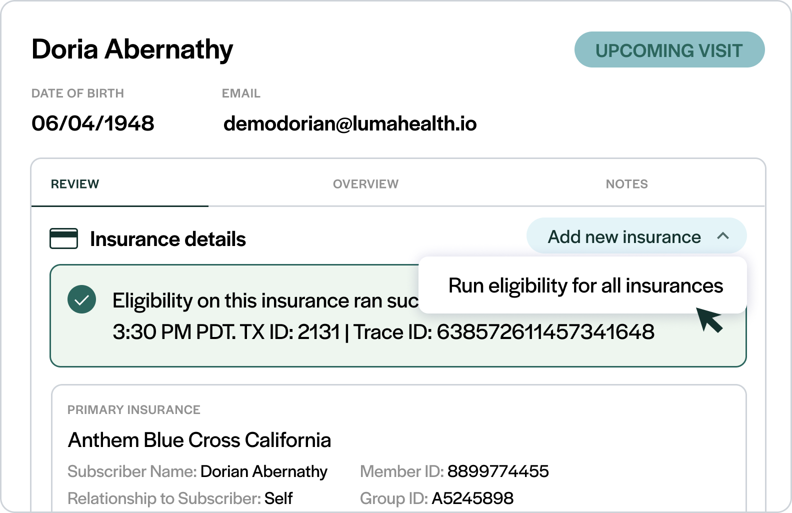 Luma maps each appointment type to the right service type code.
