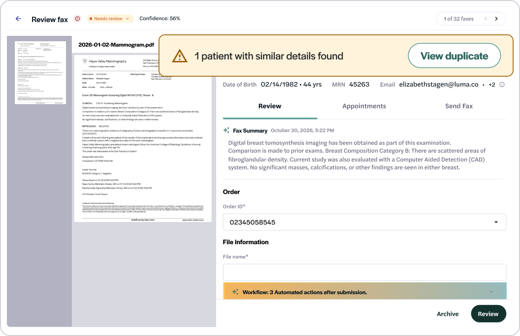 Luma's Fax Transform applies “fuzzy matching” when a patient partially matches a record in your system, notices when important information is missing, and more. 
