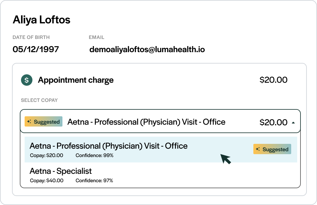 Luma verifies a patient’s coverage in real time, then gives AI suggestions for the right copay.