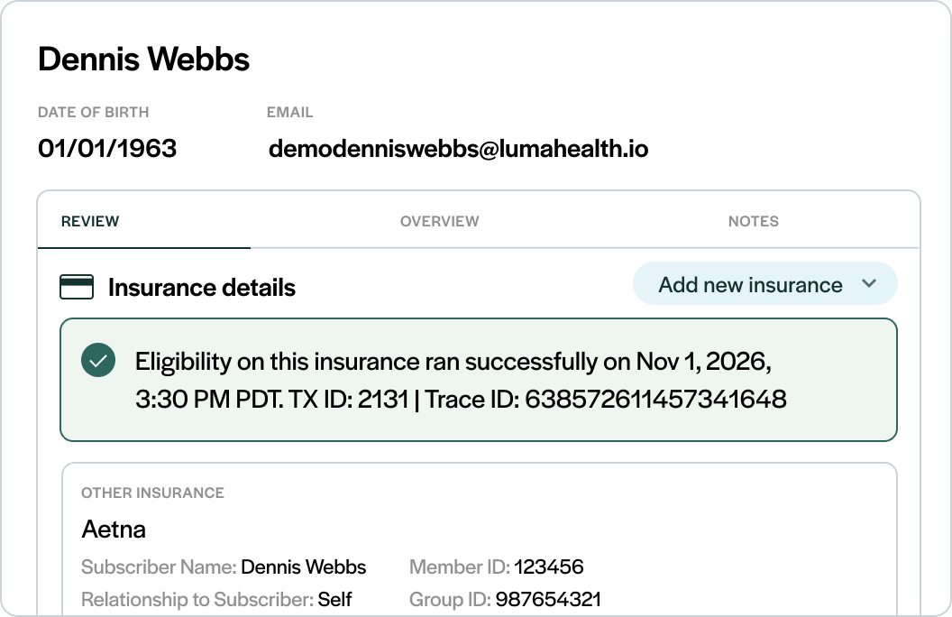 Luma maps each appointment type to the right service type code, then eligibility runs automatically for your whole schedule