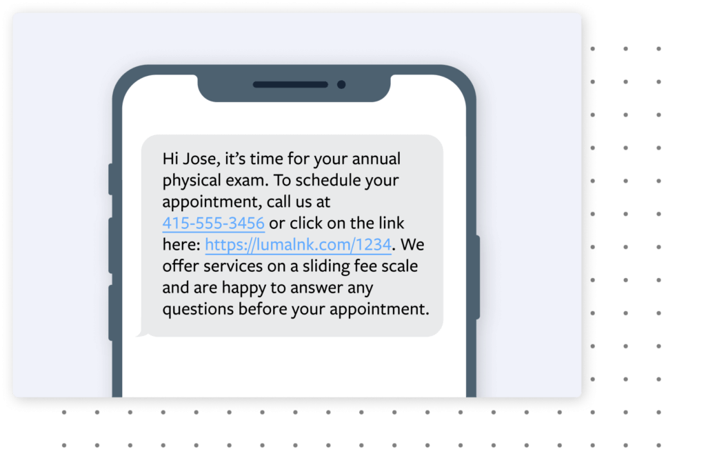 a text message on a phone showing the ability to send scheduling reminders with easy responses or a phone number to call