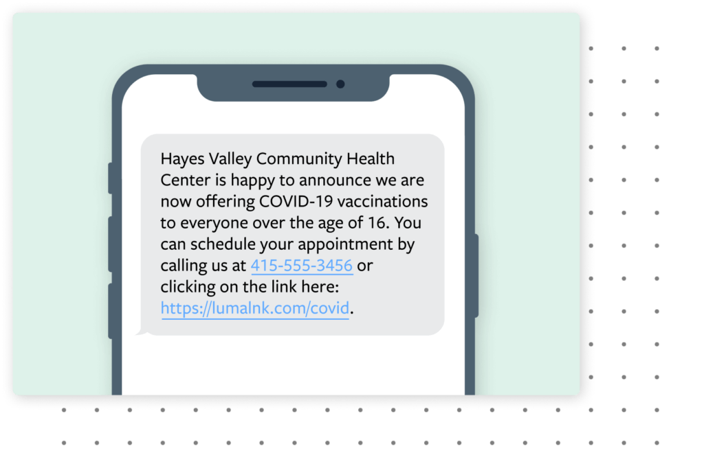 a text message on a phone announcing that patients can schedule a covid-19 vaccination appointment by calling or clicking on the link