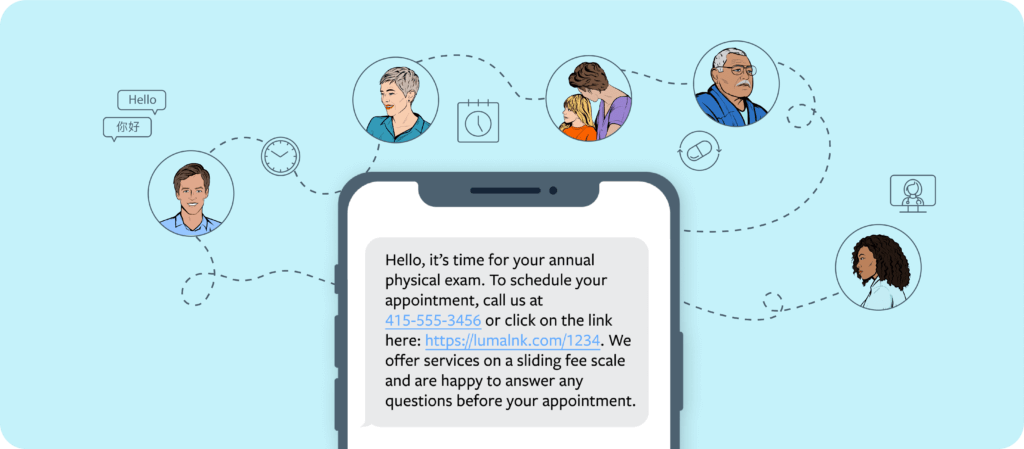 text message on a phone stating it is time for a patient's physical exam with a phone number and a link with icons of the different patients that can receive it