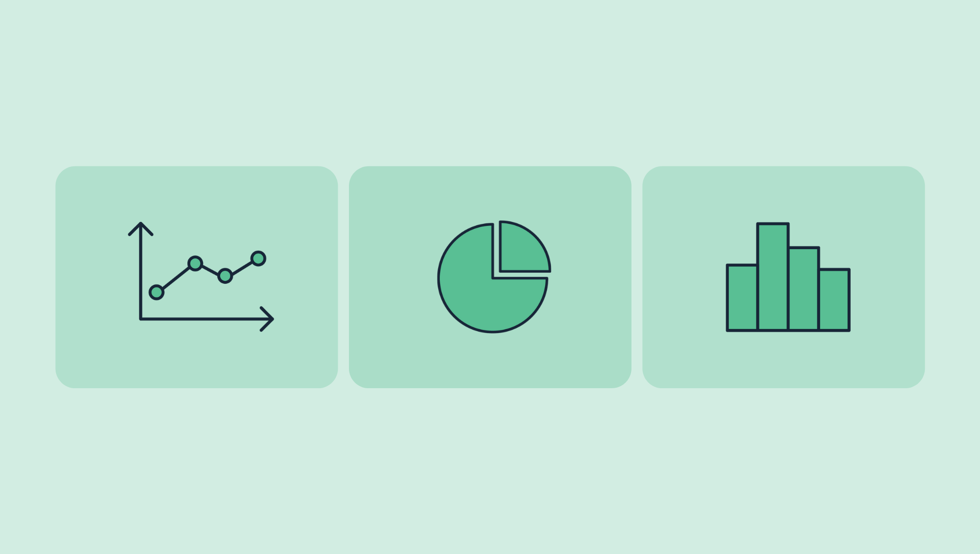 grean icons of a trend line, pie chart, and bar graph
